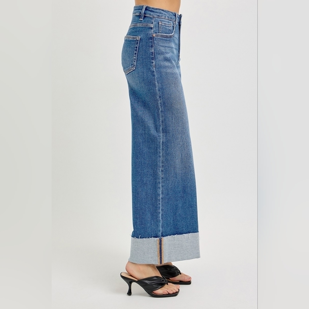 Risen HR Tummy Control Medium Wash Wide Leg Cuffed Denim Jeans Various NEW - Picture 5 of 7